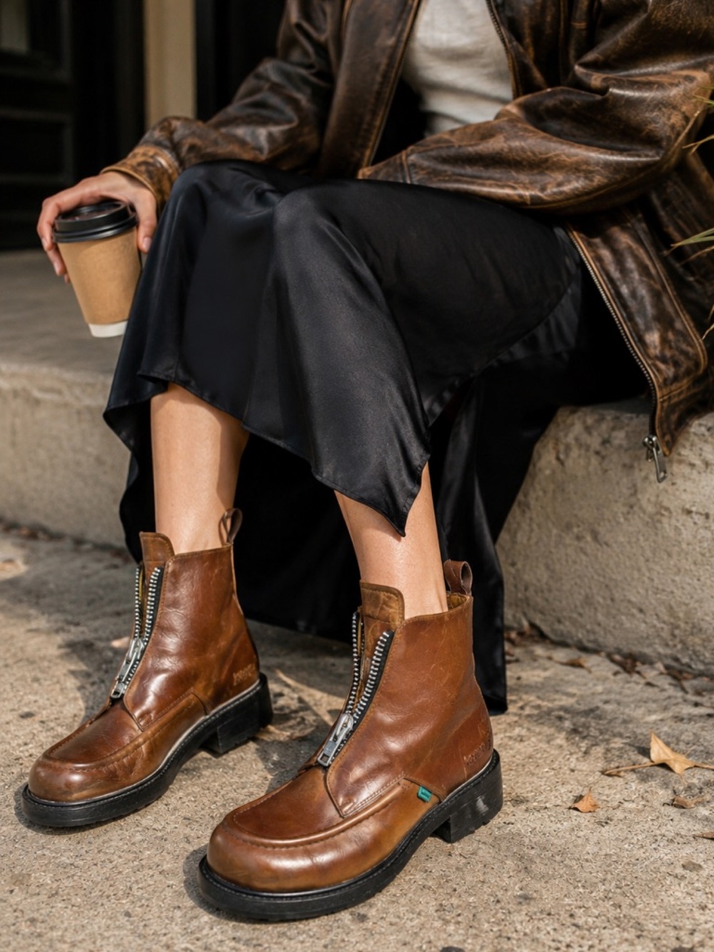 Vintage Kickers 90s Cognac Leather Women’s Chunky Zip Front Grunge Boots Sz 8.5